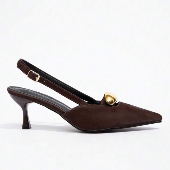 Brown Slingback Mini Heels with Gold Accent - Picture 2 of 5